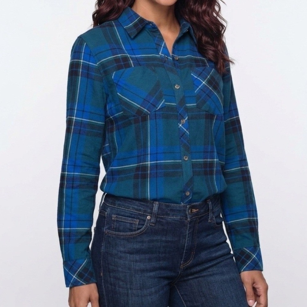 NWT Natural Reflections Flannel Shirt Women M Blue Cane Creek Plaid Button Up